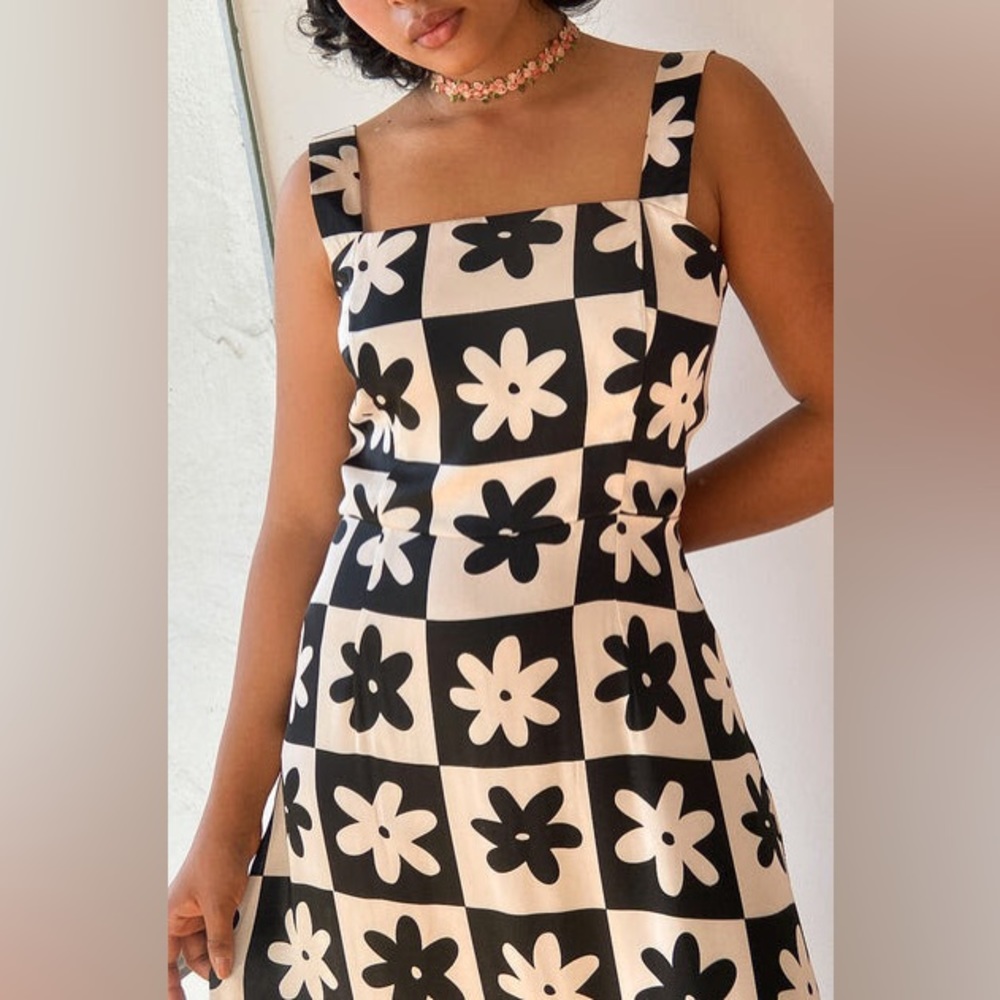 NWOT Lisa Says Gah Sloane Midi Slip Dress - Black Daisy Check